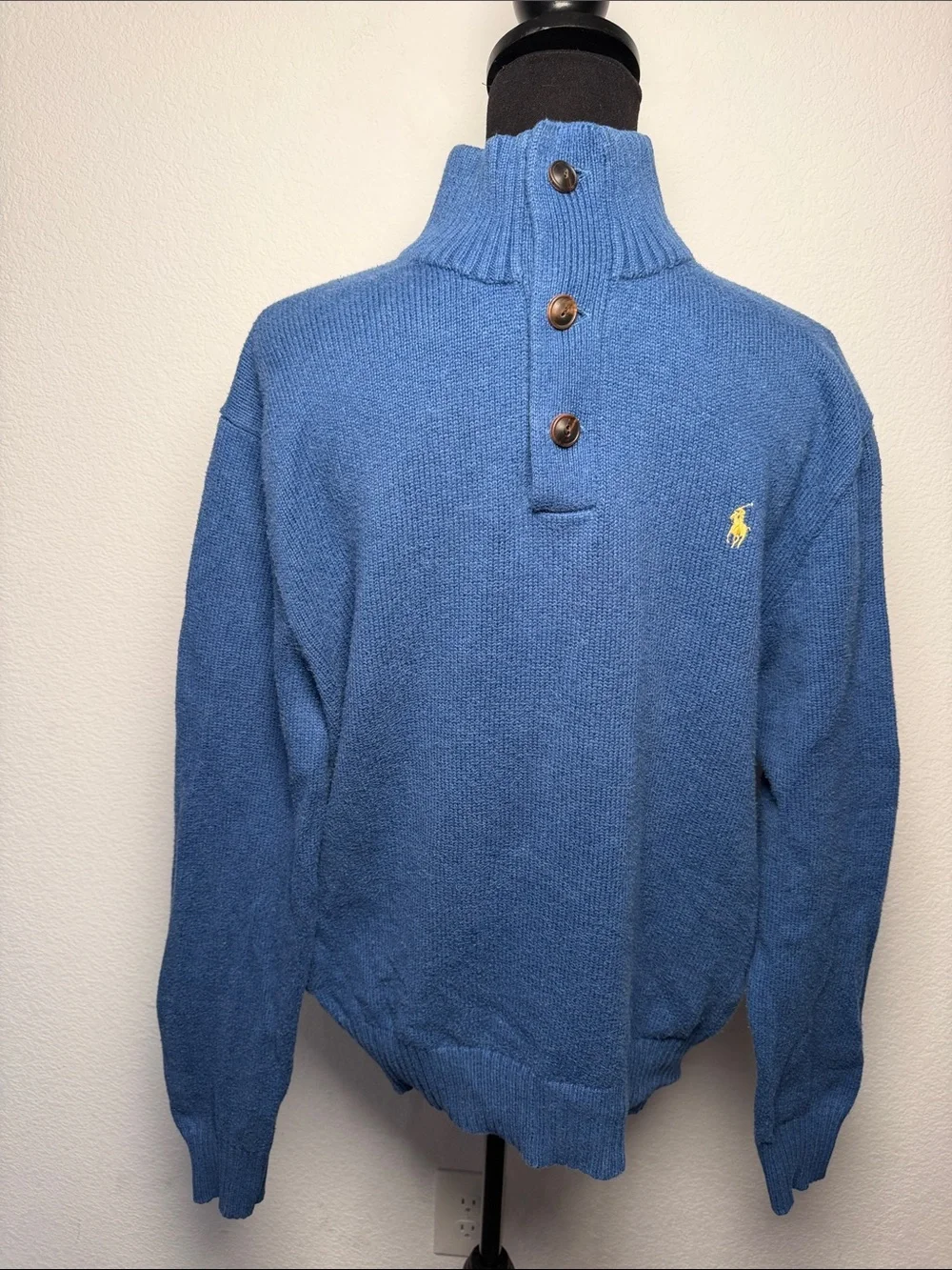 Polo by Ralph Lauren Blue Button Mock Neck Sweater with Yellow Pony
